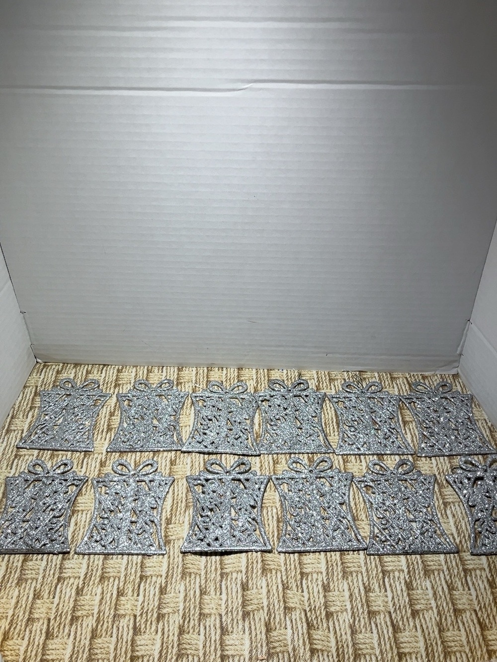 Lot of 12 Silver Glitter Gift Box Christmas Ornaments Reindeer Holiday Decor